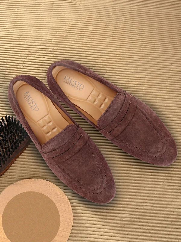 Classic men boxer shorts-Men Brown Suede Leather Outdoor Penny Loafer Shoes