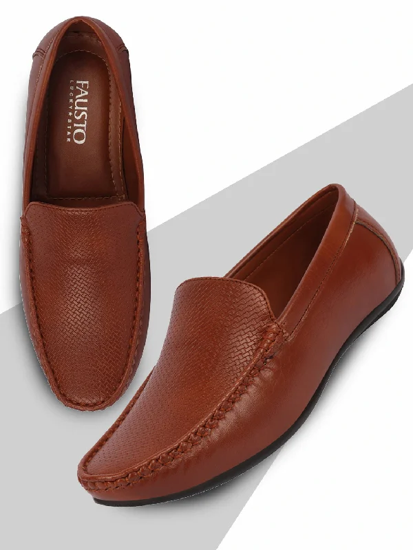 Comfortable men briefs for sleeping-Basics Men Tan Textured Print Side Stitched Casual Slip On Loafers and Moccasin Shoes