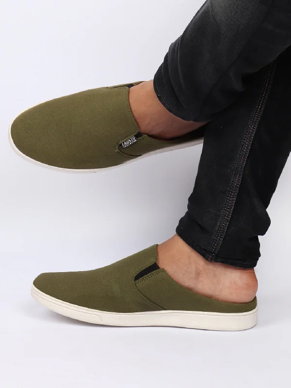 Men soft stretch boxer briefs-Men Olive Green Casual Back Open Canvas Stylish Slip On Shoes