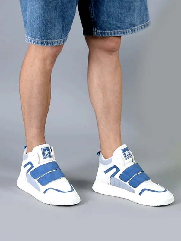 High-quality men briefs-Men Blue Colorblocked High Top Velcro Adjustable Classic Sneakers|Memory Cushion Insole|Street Fashion Hi-Top Sneakers