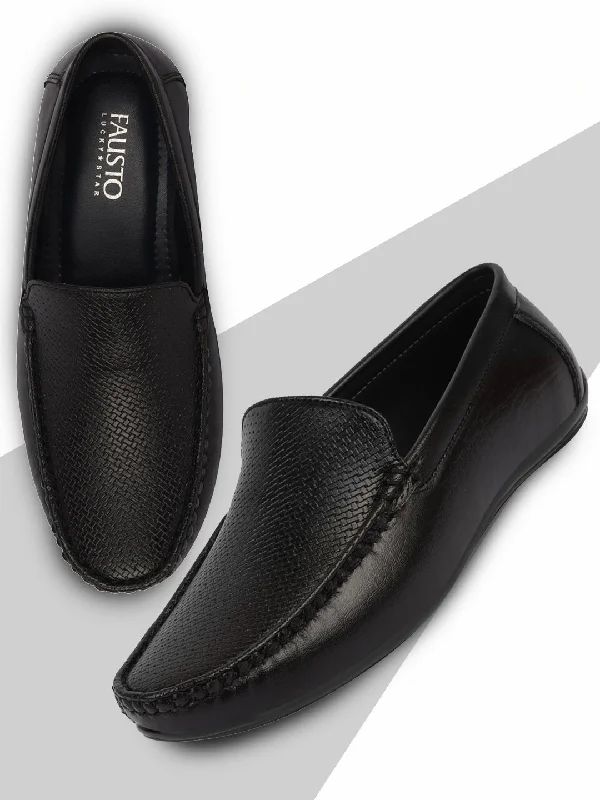 Comfortable men trunks-Basics Men Black Textured Print Side Stitched Casual Slip On Loafers and Moccasin Shoes