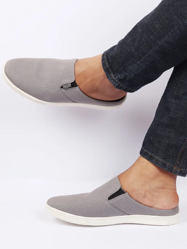 Breathable men cotton boxer briefs-Men Grey Casual Back Open Canvas Stylish Slip On Shoes