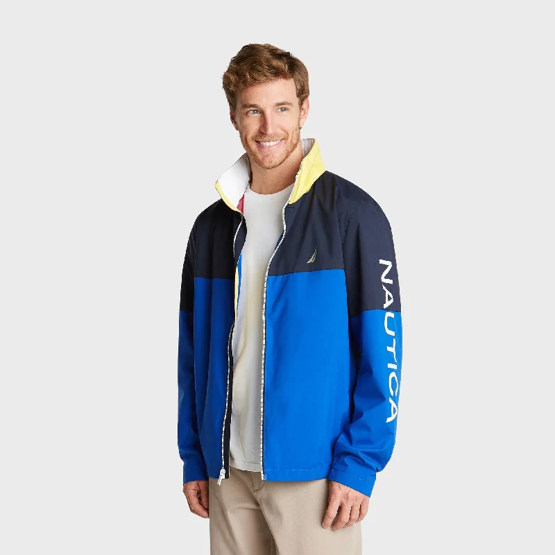 Nautica Men's Ligtweight Colorblock Heritage Logo Bomber Jacket Blue Size Large