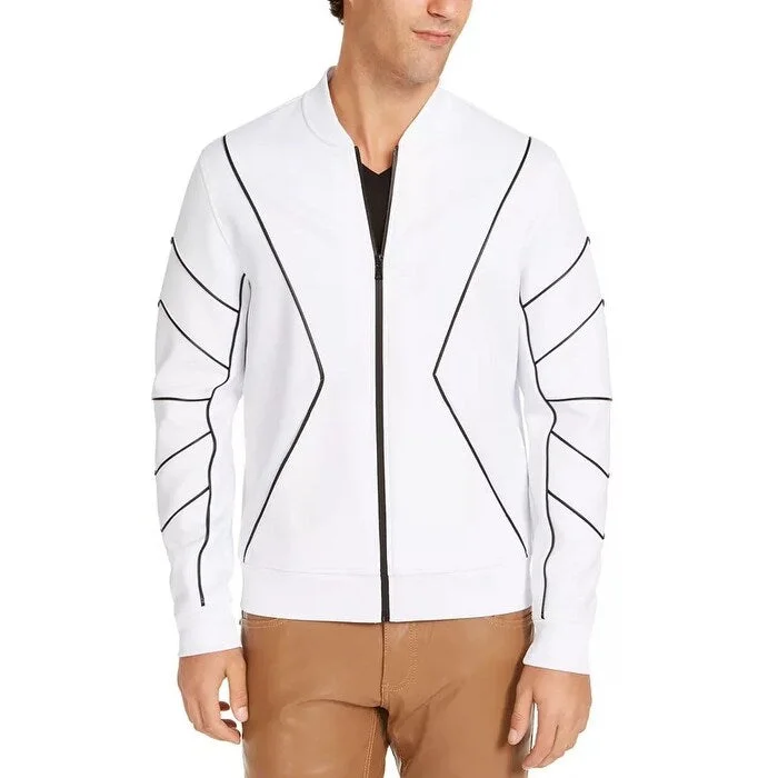 INC International Concepts Men's Piped Zip Front Knit Jacket White Size Large