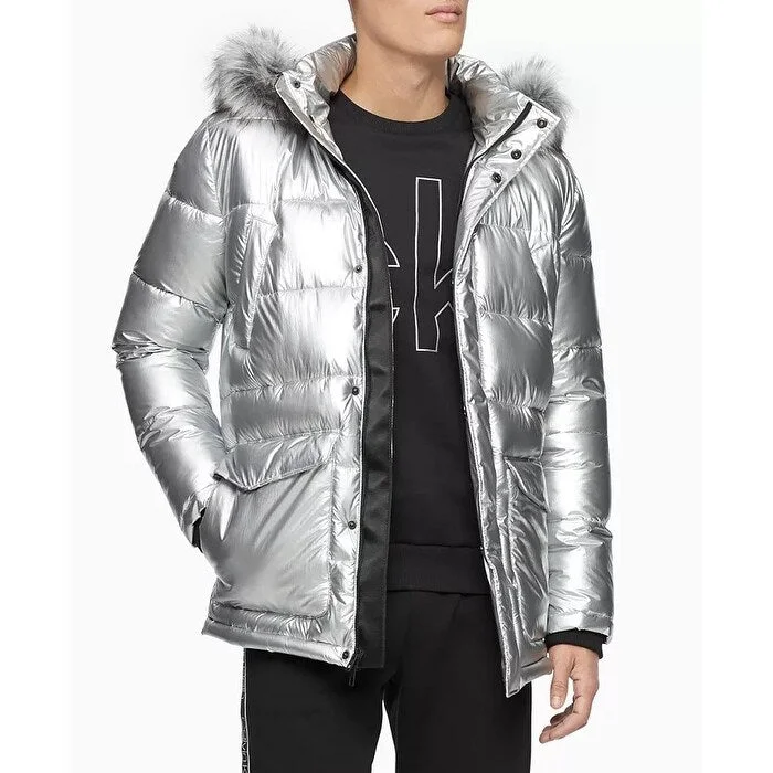 Calvin Klein Men's Metallic Puffer Parka With Faux Fur Trim Silver Size Medium