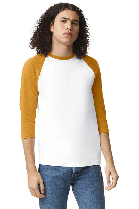 American Apparel Mens CVC Raglan 3/4 Sleeve Crewneck T-Shirt - White/Heather Mustard Yellow