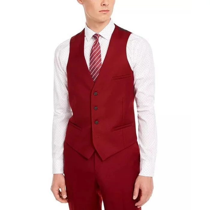 Bar III Men's Slim-Fit Red Flannel Suit Separate Vest Red Size X-Large