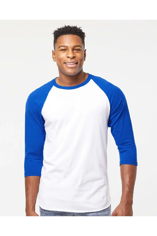 Tultex Mens Fine Jersey Raglan 3/4 Sleeve Crewneck T-Shirt - White/Royal Blue