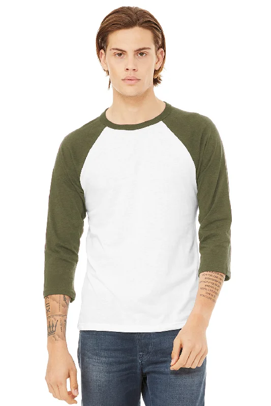 Bella + Canvas Mens 3/4 Sleeve Crewneck T-Shirt - White/Heather Olive Green - Closeout