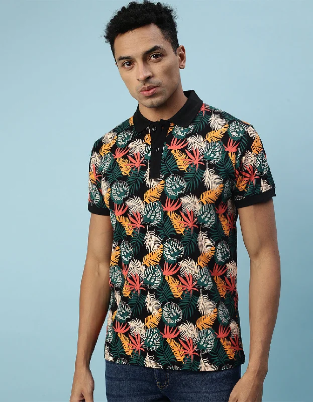 Black Leaf Printed All Over Floral Polo T-shirt