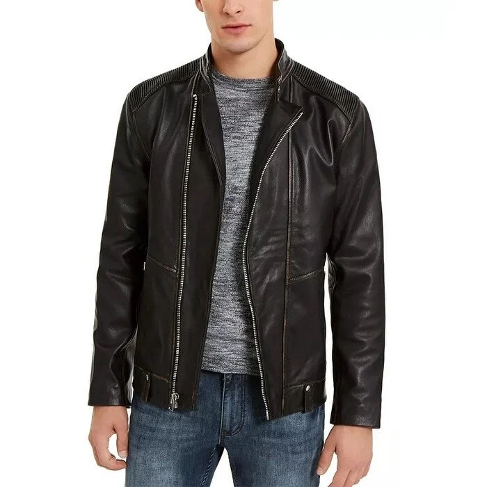 INC International Concepts Men's Leather Moto Jacket Black Size Extra Large - X-LARGE