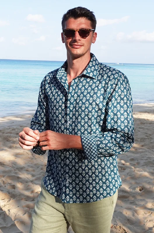 Men's Printed Cotton Shirt | Star Fern Teal/White