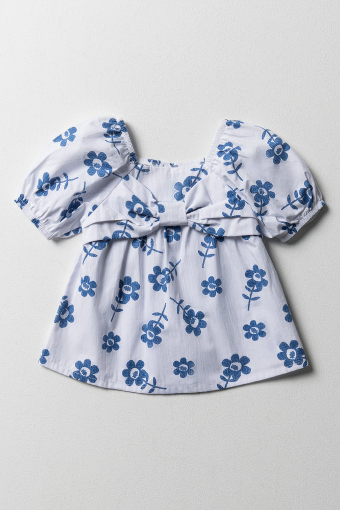 Floral Bow Top White & Blue