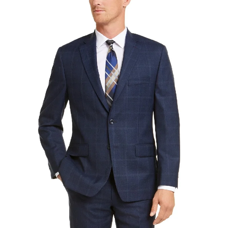 Michael Kors Men's Classic Fit Airsoft Stretch Navy Blue Plaid Suit Jacket Navy Size 42