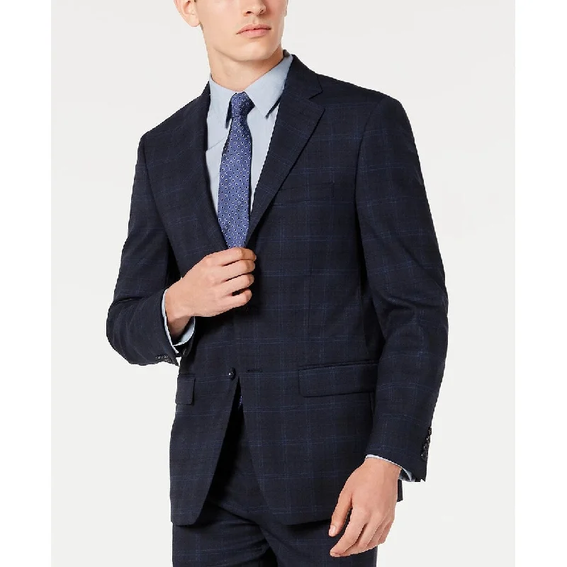 Calvin Klein Men's X Slim-Fit Stretch Navy Plaid Suit Separate Jacket Navy Size 44