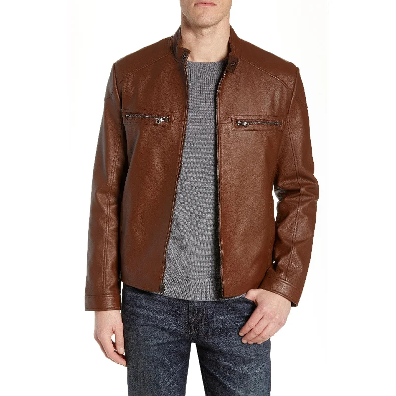 Marc New York Men's Leather Racer Jacket Brown Size Large