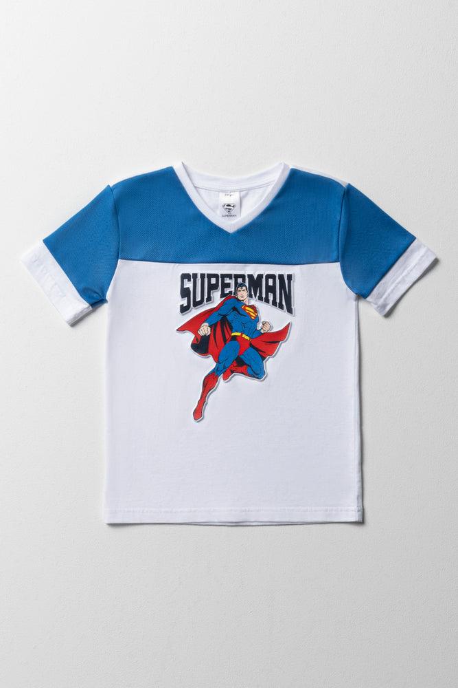 Superman V-Neck Short Sleeve T-Shirt White & Blue