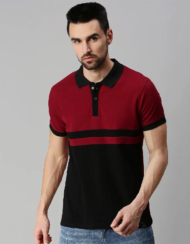 Black Maroon Colorblock Printed Polo T-shirt