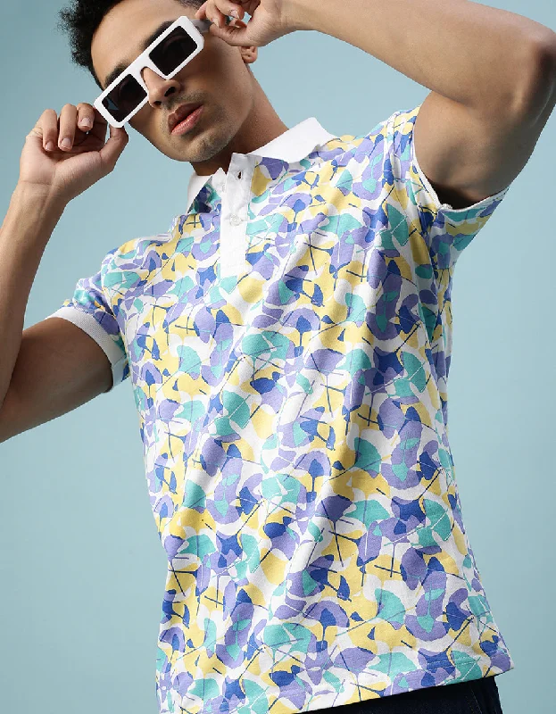 Blue Leaf Printed Polo T-shirt