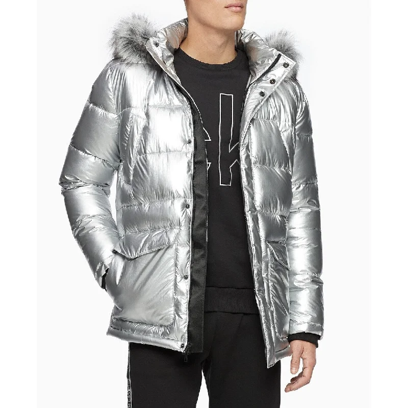 Calvin Klein Men's Metallic Puffer Parka With Faux-Fur Trim Silver Size Extra Small