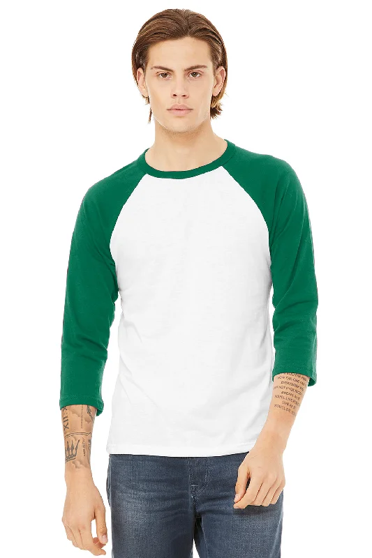 Bella + Canvas Mens 3/4 Sleeve Crewneck T-Shirt - White/Kelly Green