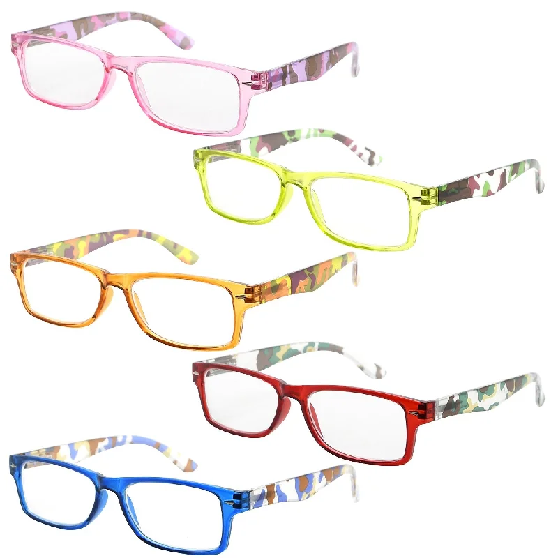 5 Pack Rectangle Reading Glasses Camouflage Temples R066C