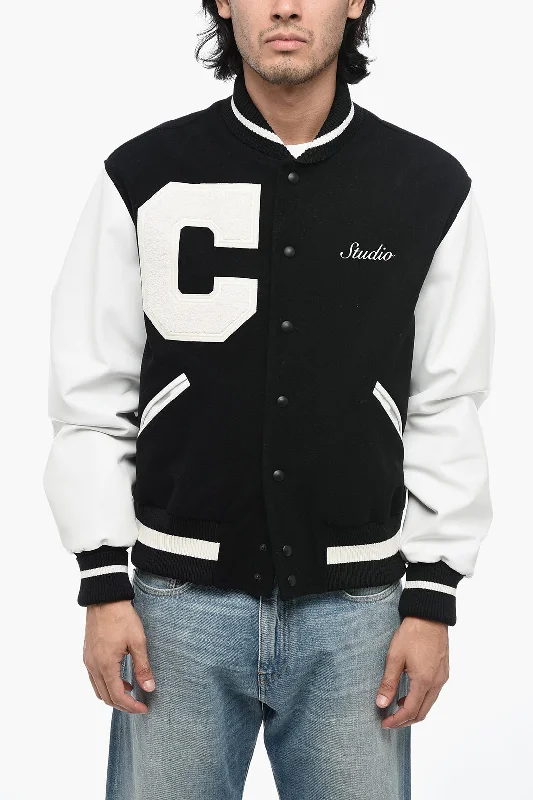 1989 Studio Wool Logoed Bomber with Leather Sleeves