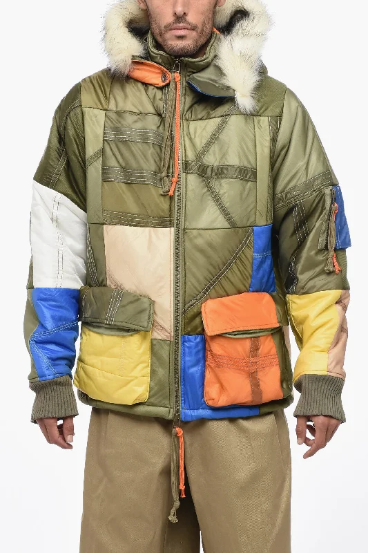 Greg Lauren Patchwork MULTI STITCHWORK Down Jacket with Faux Fur