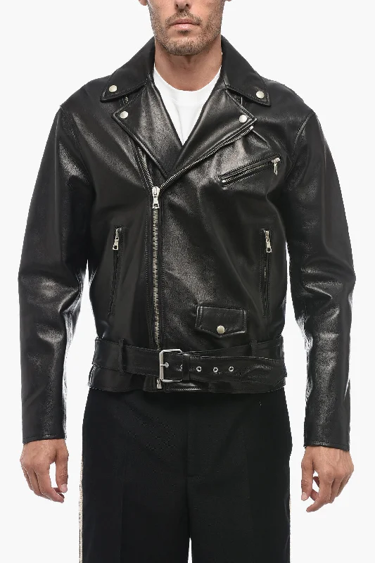 Palm Angels Printed Logo SLEEK Leather Biker Jacket