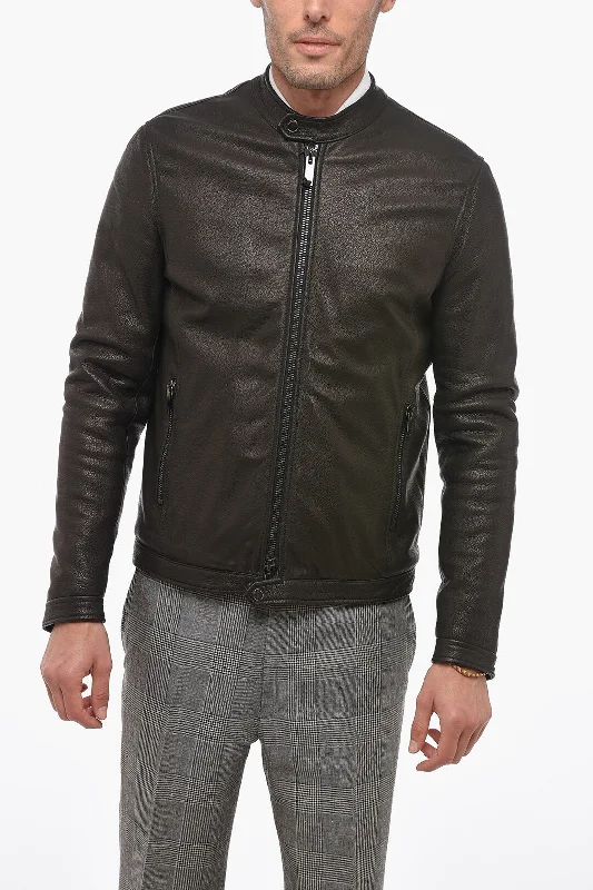 Tagliatore Textured Leather Biker Jacket with Frontal Zip