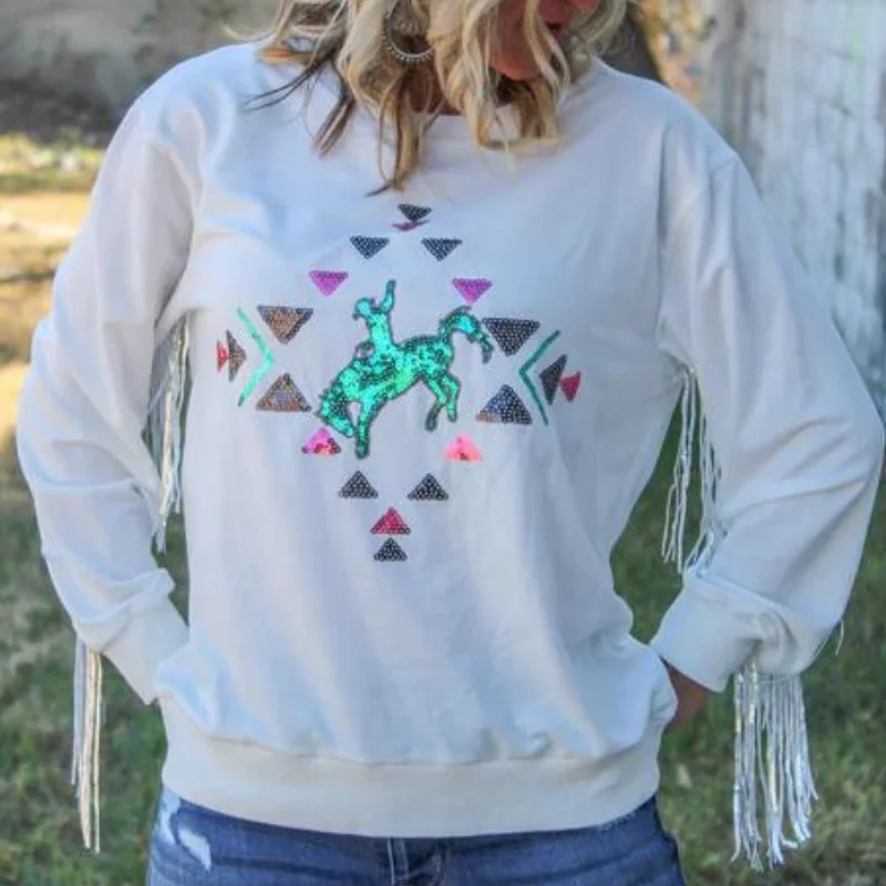 Online Exclusive | Casanova Sequin Fringe Long Sleeve Sweater in White