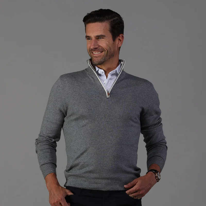 Grey with White Trim Luxury Touch Cotton and Cashmere Quarter Zip Sweater