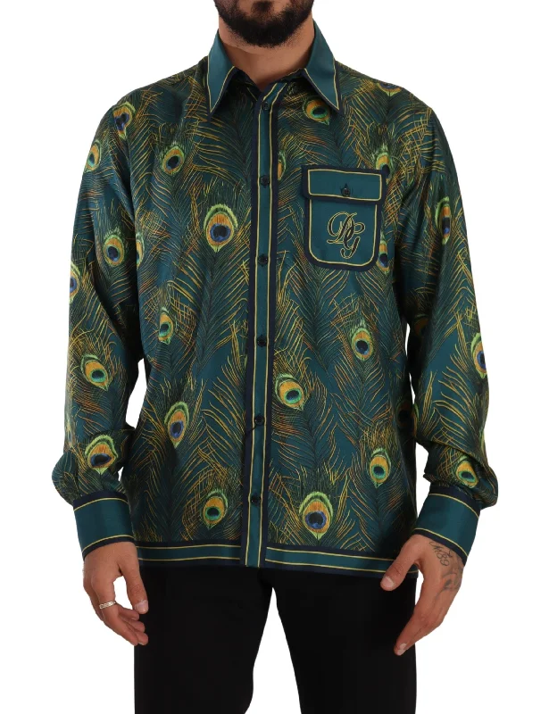 Dolce & Gabbana Peacock Feather Print Silk Men's Shirt