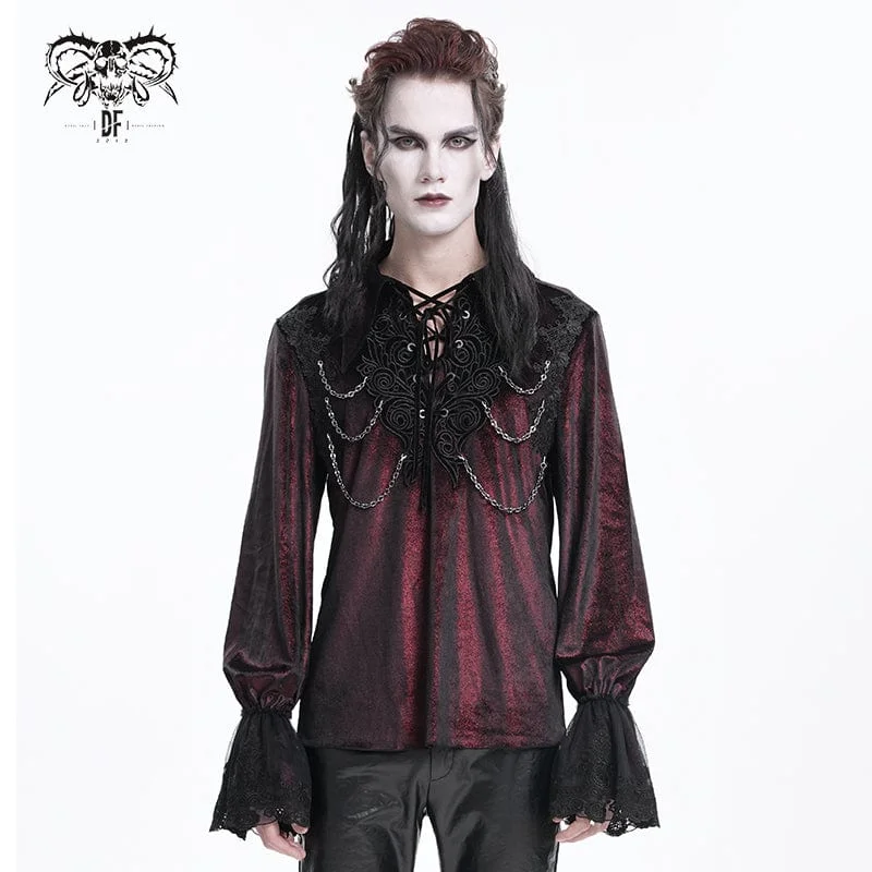 Men's  Gothic Lace-up Chain Lace Shirt Wine Red