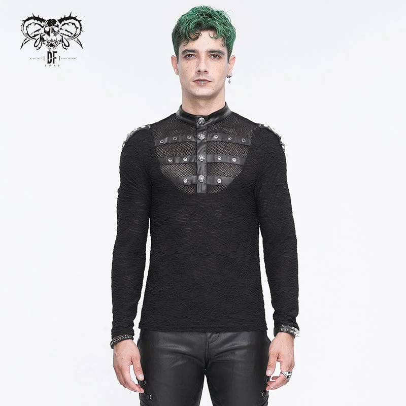 Men's Punk Stand Collar Mesh Splice Shirt