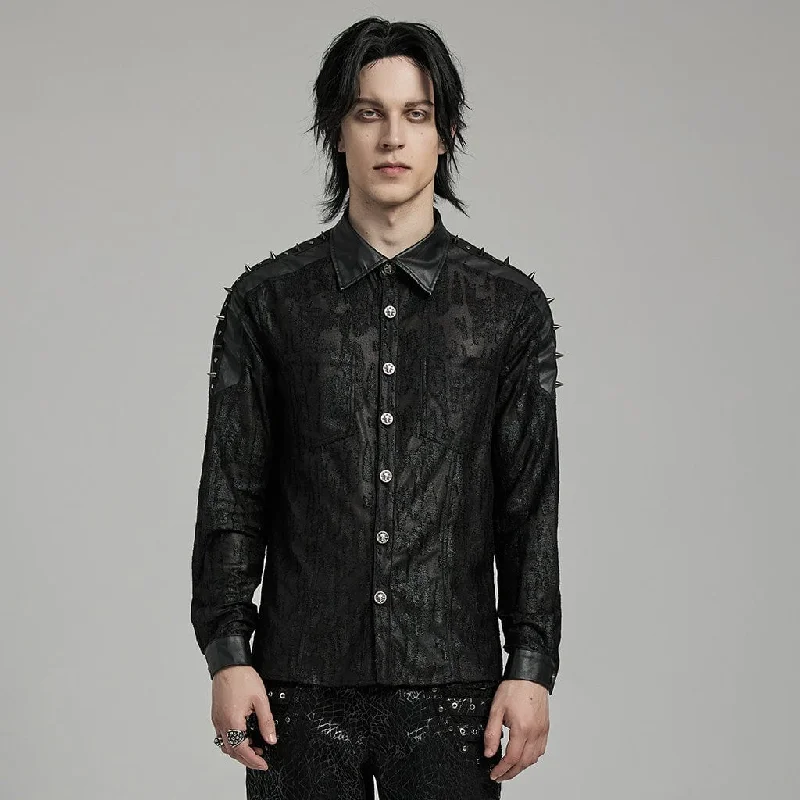 Men's Punk Studded Faux Leather Splice Shirt