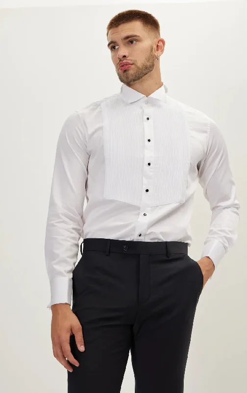 Pleated Wing Tip Collar Tuxedo Shirt- White