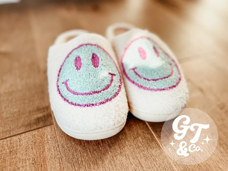 Teal Happy Face Slippers