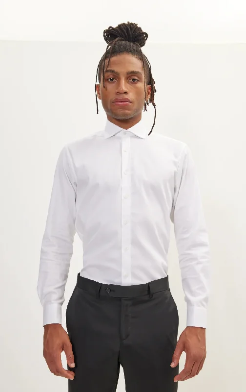 Textured Cotton Spread Collar Dress Shirt- White